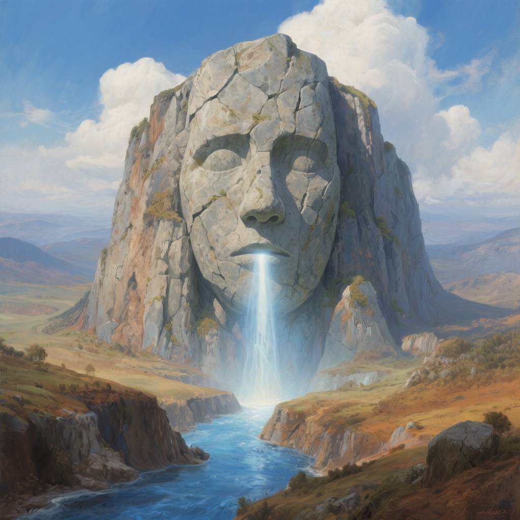 Step 2: Surrealistic stone face with stream of light, earthy tones