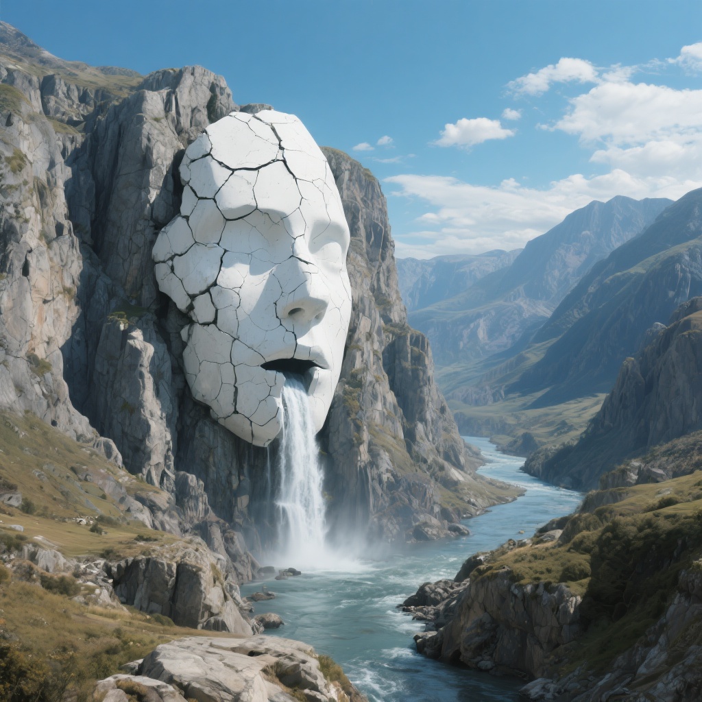 Step 5: White cracked face on cliff, waterfall, rugged mountains