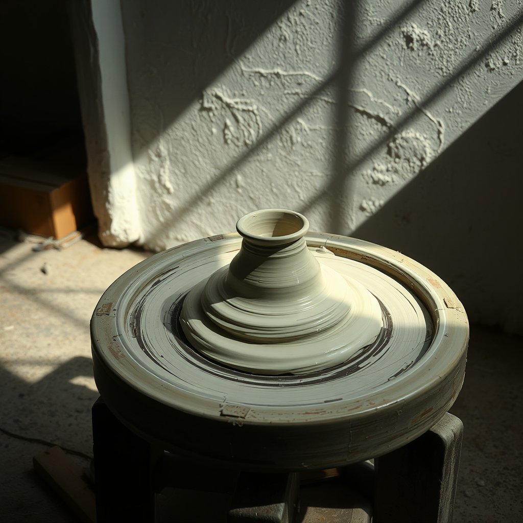 Ghost Pottery: Potter's Absence � spinning wheel with ghost impressions of hands