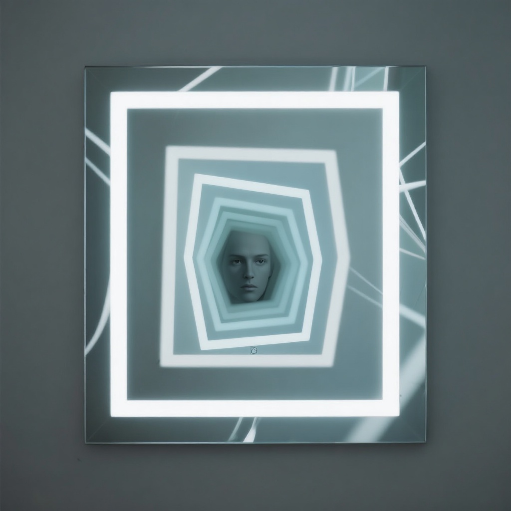 Iteration 1: Nested mirrors, recursive geometry, no face � just attention